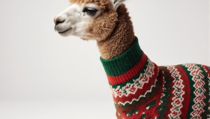 Obraz premium Festive Alpaca in a Christmas Sweater - A Cozy Holiday Portrait.