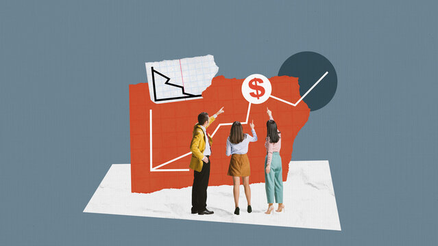 Vibrant graphic collage. Three colleagues pointing toward financial charts and symbols on red background. Concept of teamwork, strategy alignment, economic evaluation and motivated discussion.