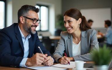 smiling businesspeople client discussing business in office space. High quality