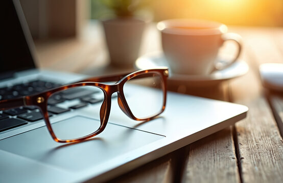 Tortoiseshell eyeglasses rest on an open laptop keyboard next to a steaming cup of coffee on a wooden desk. Sunlight streams in from a window, creating a warm, inviting atmosphere for work or study.