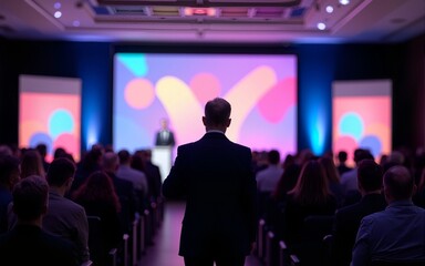 Rear view of people in audience at the conference hall, Speaker giving a talk in conference hall at business event. High quality