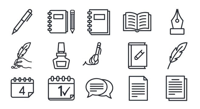 Minimalist Black Line Art Icons Set Depicting Writing Tools, Notebooks, Ink, and Calendar Dates.