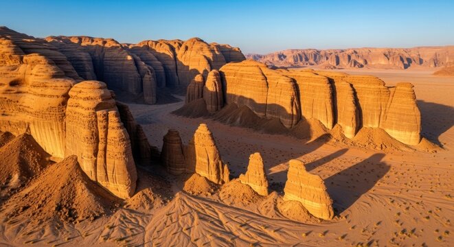 Sandstone rock formations sculpted by erosion under a clear blue sky - Powered by Adobe