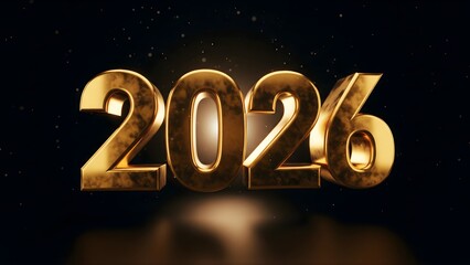 Luxurious 3D golden ‘2026’ typography on a dark background with soft lighting and floating particles, perfect for premium New Year celebration designs.