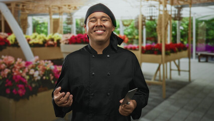 Man chef smiling while holding a tablet and gesturing with hand in a flower market stall near display tables; community hospitality joy.