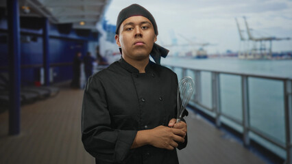 Hispanic man chef holds whisk with both hands on cruise deck wearing black chef coat and headscarf beside ship railing and distant cargo cranes; professional pride.
