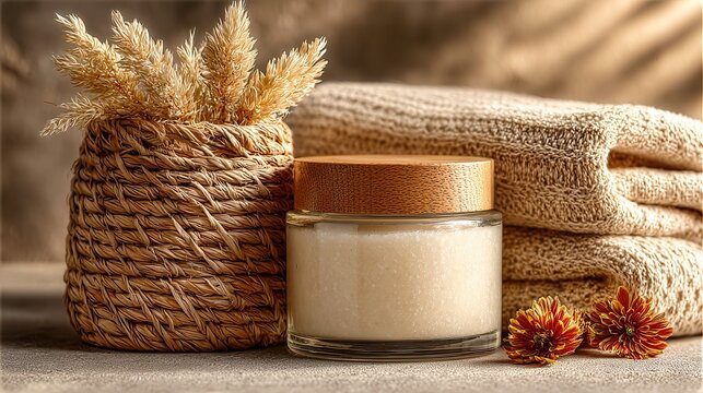 Cozy bathroom setting, natural skincare products with candles, soft towels and decorative elements, relaxing and wellness theme. - Powered by Adobe