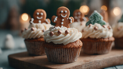 Gingerbread man cupcakes with white frosting swirls and tiny cookie toppers on a wooden board, warm festive mood