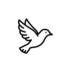 Obraz premium Minimalist black outline flying dove icon, simple clean line art bird in flight.
