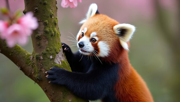 Red panda climbs tree with pink blossoms. Adorable animal with reddish fur. Springtime scene captures wildlife in its natural habitat. Cute creature in arboreal setting with flowers.