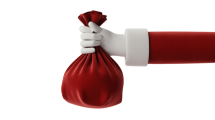 Santa claus hand in white glove holding a red gift bag full of presents isolated on transparent background