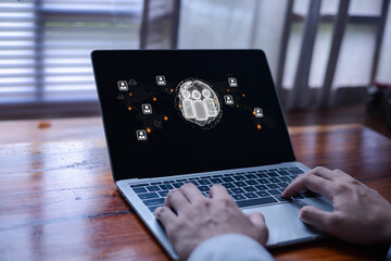 A person using a laptop with digital HR network icons representing global teamwork, remote collaboration, human resources connection, modern workforce management in a digitally connected organization.