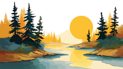 Serene Landscape Painting of River, Trees, Lake, and Sun