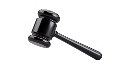 Black wooden gavel isolated on transparent background, symbolizing justice, law, and authority, often used in courtrooms or auctions, with shiny polished finish and professional appearance