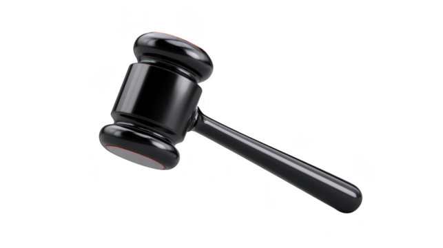 Black wooden gavel isolated on transparent background, symbolizing justice, law, and authority, often used in courtrooms or auctions, with shiny polished finish and professional appearance