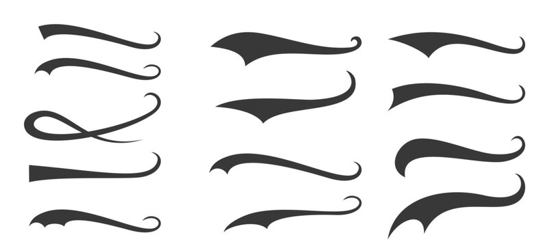 Baseball swoosh and swash tails. Set of sports swash shape, text underlines for baseball design. Hand drawn font elements in retro style for athletics, baseball. Swirl stroke swish underline shape