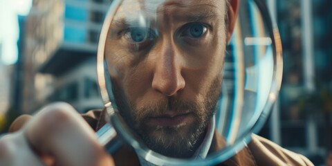 Businessman looking through a magnifying glass, searching, monitoring the situation, Generative AI.