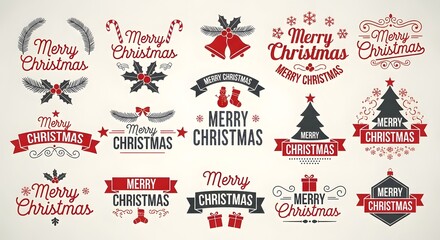 Collection of festive merry christmas vector labels, badges, and emblems isolated on white background retro style typography for holiday season greetings and decorations