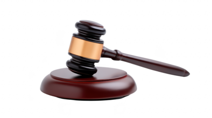 Wooden gavel with gold band resting on round sound block, symbolizing justice, law, and authority, often used in courtrooms or legal proceedings, isolated on transparency background