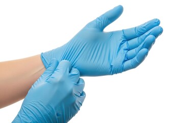 Medical nitrile gloves with two blue surgical gloves isolated on white background with hands. Rubber glove manufacturing, human hand is wearing a latex glove.