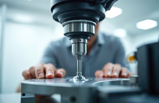 Man operates coordinate measuring machine. Technician checks metal part accuracy. Industrial worker examines production process at modern factory. Quality control inspection in manufacturing.