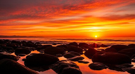 Fiery sunset over rocky ocean shore with calm water
