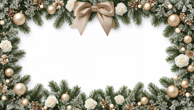 Cornice di Natale con rose bianche, fiocco oro e rami innevati. Generative AI 
