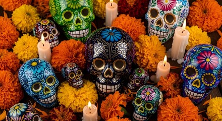 Decorated sugar skulls with colorful glazes and metallic foils, placed among traditional marigold petals and vintage candles, evoking Mexican heritage and festive remembrance
