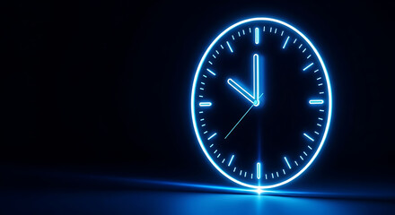 Glowing blue neon clock face on black background time