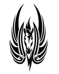 magic winged horse front view head and two tribal style wings - black and white vector portrait of fantasy creature