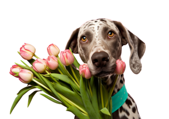 A romantic purebred dog holds tulips. Portrait of a pet with a bouquet of flowers.
