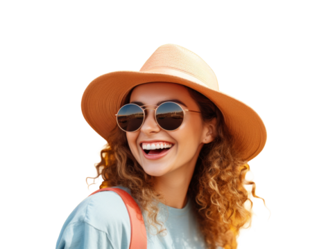 A young attractive girl in glasses and a hat is traveling with a smile on her face.