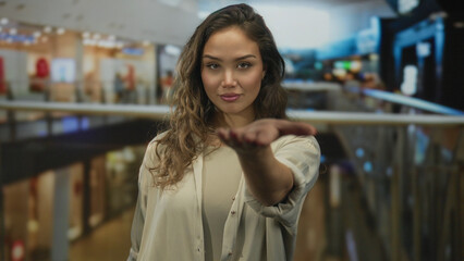 Woman smiling in a mall center with an open hand gesture, embodies youth and friendly demeanor amidst bustling shops indoors.