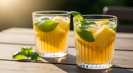 Refreshing homemade lemonade with basil and ice cubes on a wooden table outdoors in summer.