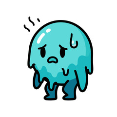 Illustration of a worried blue slime monster sweating, isolated on
