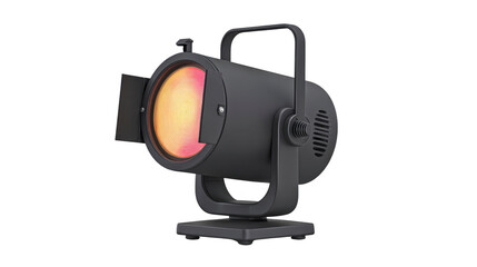 Black stage spotlight with orange and yellow glowing light, isolated on transparency background, modern professional lighting equipment for theater, concert, or studio, dramatic and creative mood