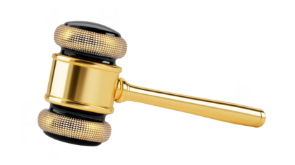 Golden gavel isolated on white symbolizes justice authority and decision making often used in courtrooms auctions or legal settings with shiny metallic finish and elegant design