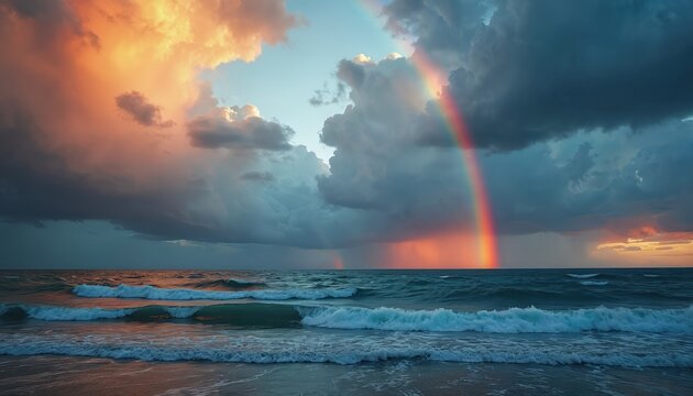 Stormy ocean waves crash on sandy beach as colorful rainbow arches across dramatic clouds during sunset. Moody sea meets sky after rain, with light breaking through.