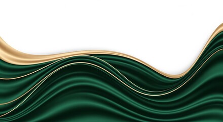Green and Gold Wave Abstract Background. Luxurious flowing green silk with elegant golden trim forming smooth waves, minimal and modern design for banner or presentation template.