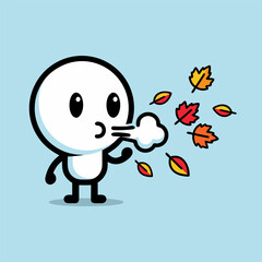 Cartoon character blowing autumn leaves, creating a windy scene, isolated on