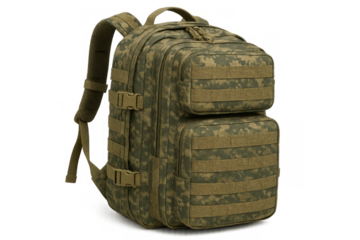Military tactical backpack featuring digital camouflage pattern for army operations and outdoor adventure gear on transparent background