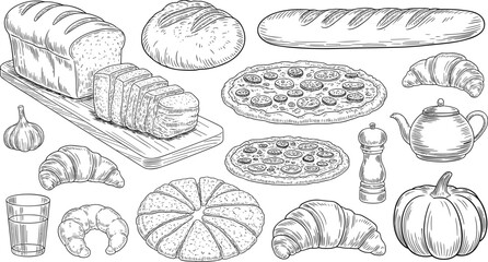 Detailed black and white bakery food illustration set including bread, pizza, croissants, garlic, pumpkin, and kitchen utensils in vintage style