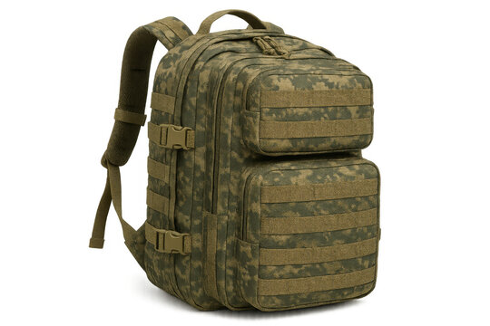 Military tactical backpack featuring digital camouflage pattern for army operations and outdoor adventure gear on transparent background
