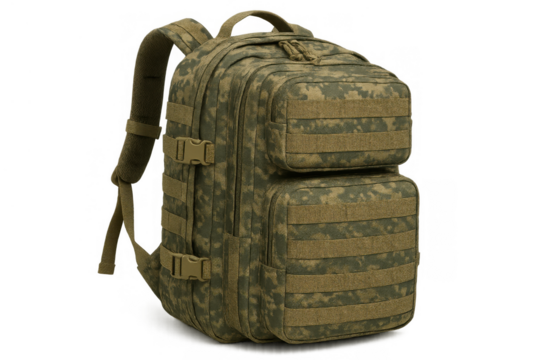 Military tactical backpack featuring digital camouflage pattern for army operations and outdoor adventure gear on transparent background