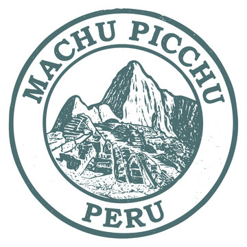 Machu Picchu grunge rubber stamp illustration of the Inca city in the Andes Mountains of Peru