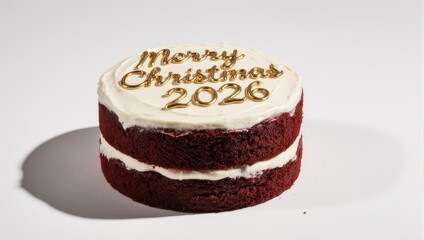 Festive Red Velvet Cake with Merry Christmas 2026 Topping on White Background.