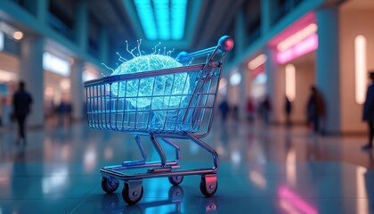 Shopping cart holds glowing blue brain with neural connections, symbolizing consumer decision making and market psychology in a modern retail environment.