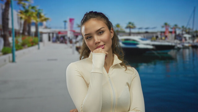 Woman smiling in casual wear at a scenic seaside port with boats gently docked, capturing the vibrant outdoor atmosphere along the waterfront promenade.