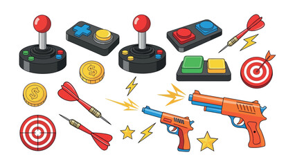 Gaming and Playtime Elements: A vibrant illustration showcasing a collection of gaming elements, including joysticks, game controllers, darts, dartboard, coins and toy gun. © Maira