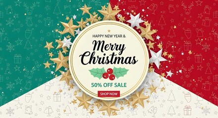 Elegant merry christmas and happy new year banner with golden stars, perfect for holiday sales and promotions with a festive and eyecatching design